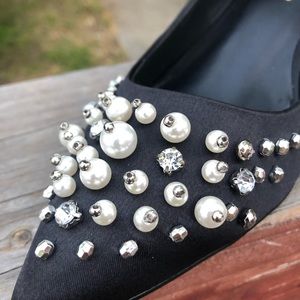 Satin pearl embellished black kitten heels